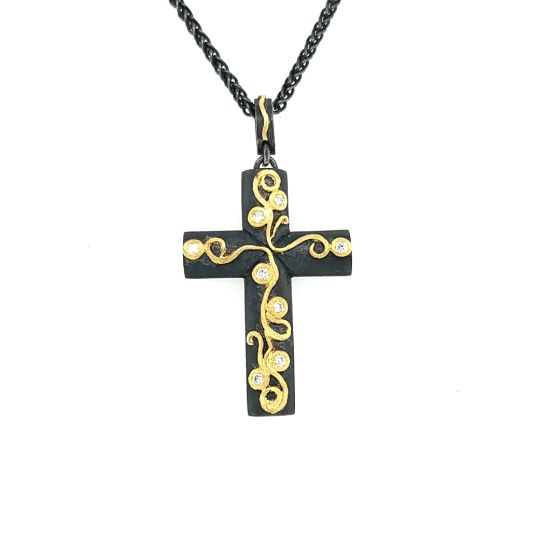 18K & Oxidized Sterling Silver Cross Pendant