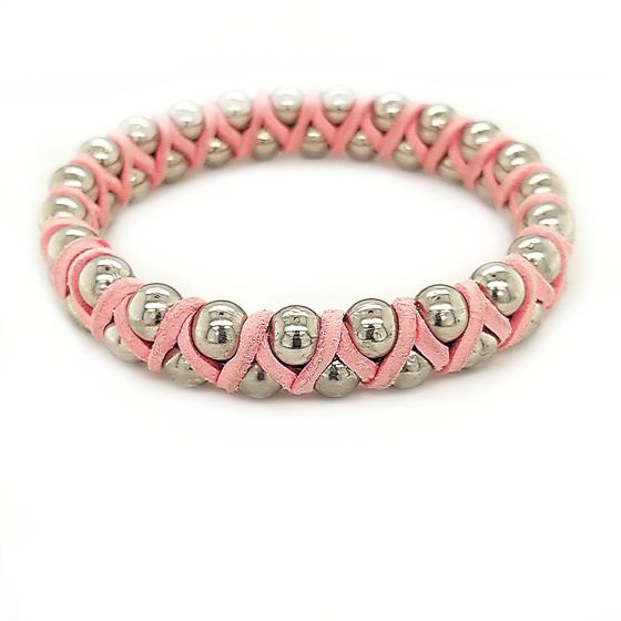 Brass Bead and Pink Leather Bracelet