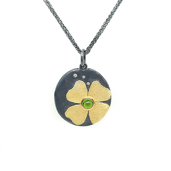 18K & Oxidized Silver Flower Pendant with Chrome Diopside