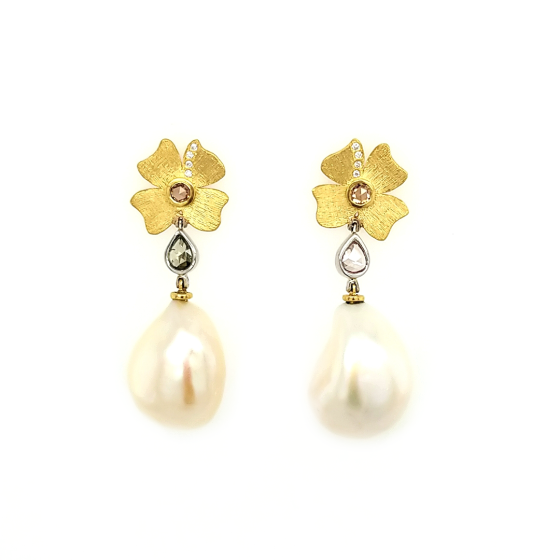 18K Multi-Colored Diamond & Fresh Water Pearl Drop Earrings