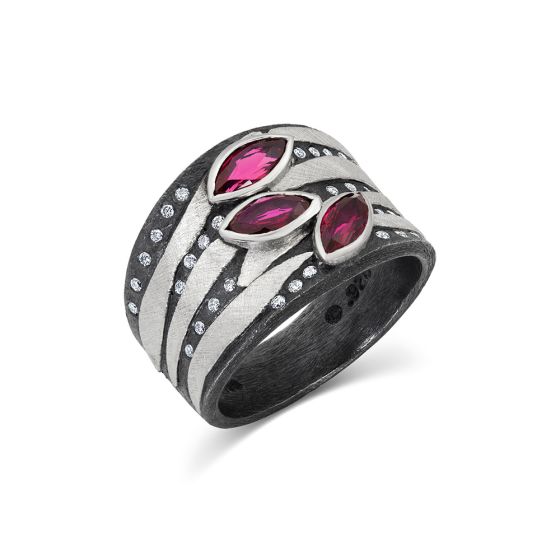 Platinum Silver 3 Marquise Ruby Stripe Ring